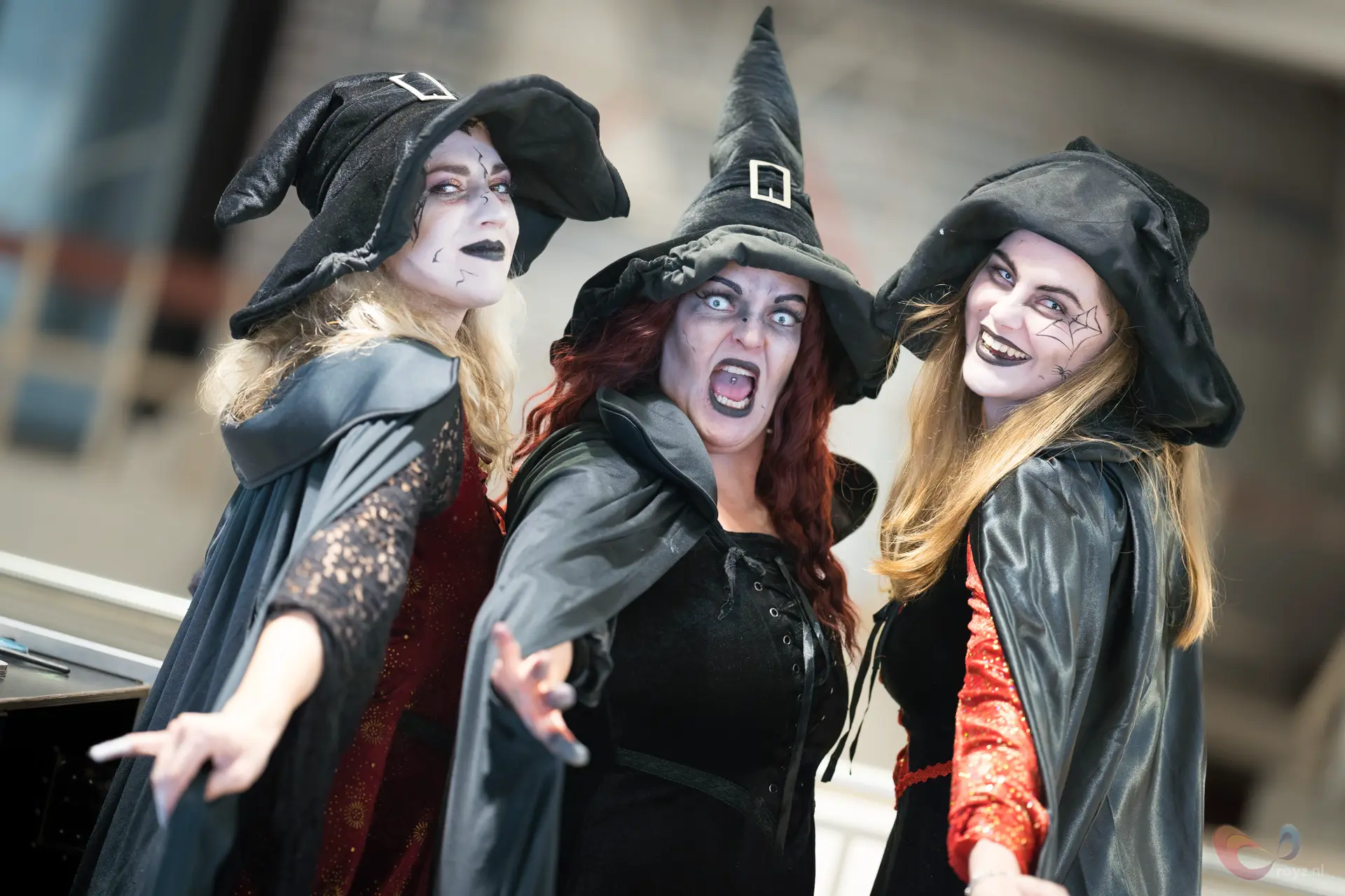 Drie heksen backstage fotoshoot in een stedelijke setting met hoeden, capes en Halloween make-up.