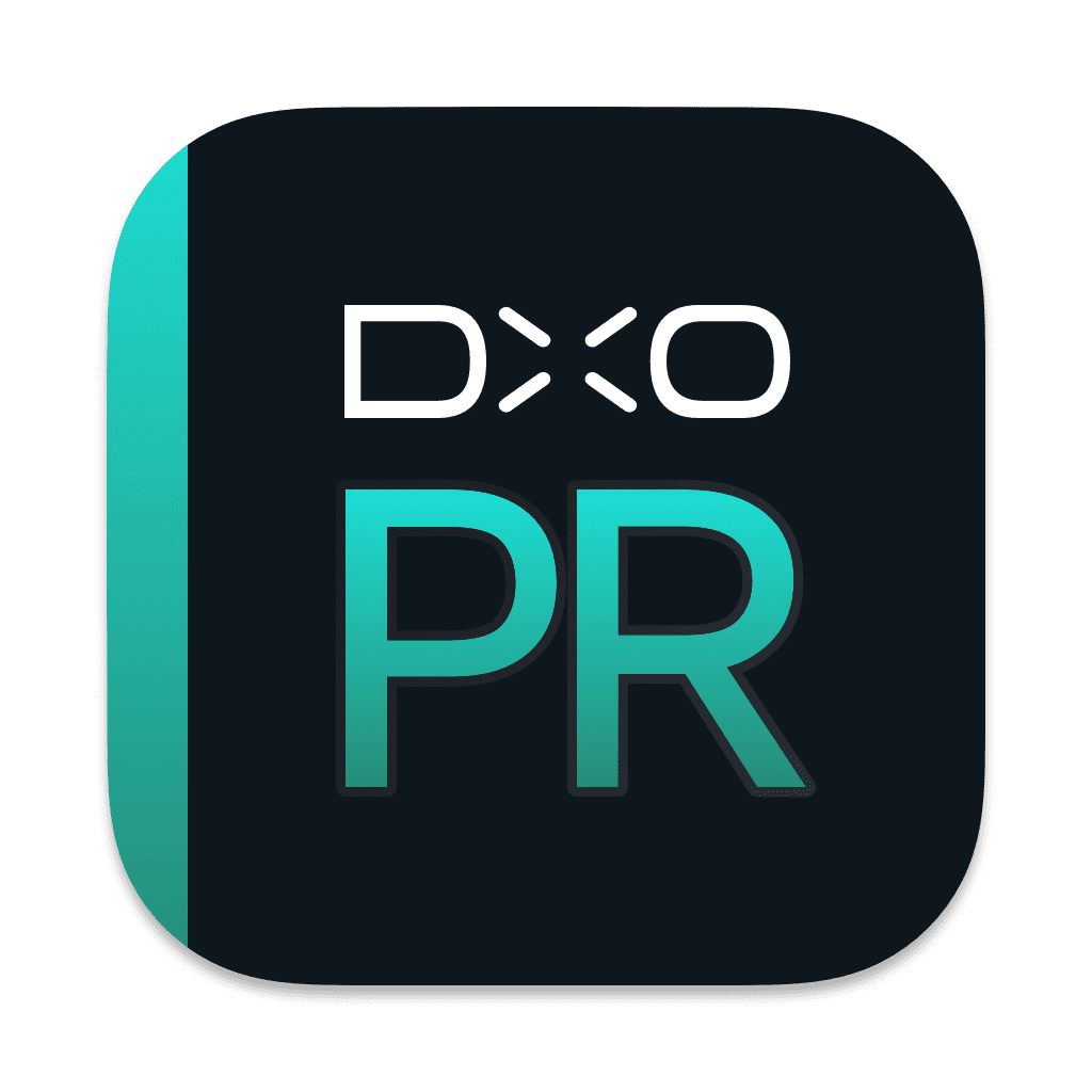 DXO PR app-icoon met linker turkoois gradient, witte DXO bovenaan en PR-letters in turkoois.