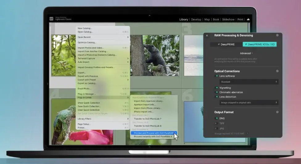 Laptop met Lightroom Classic en DxO PureRAW ruisonderdrukking, optische correcties en export naar JPEG