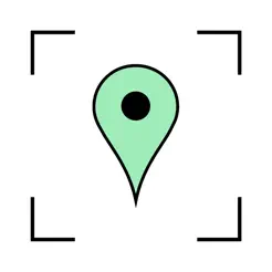 Mintgroene teardrop-pin met zwarte rand en centrale stip, omgeven door hoekmarkeringen voor UI-focus.