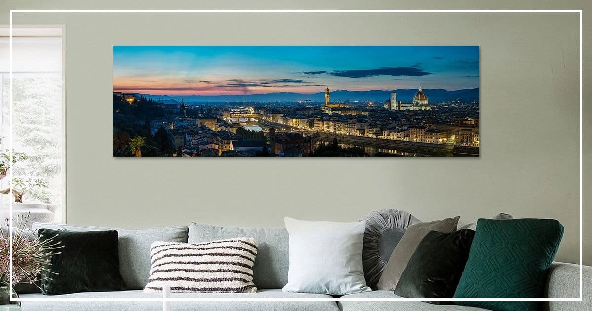 Panoramisch Florence bij schemering boven de Arno in een moderne woonkamer met Duomo als middelpunt