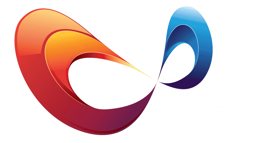 royz.nl logo: infinity-ribbon met warme linker zijde, koele rechter zijde, witte rand en royz.nl-tekst.