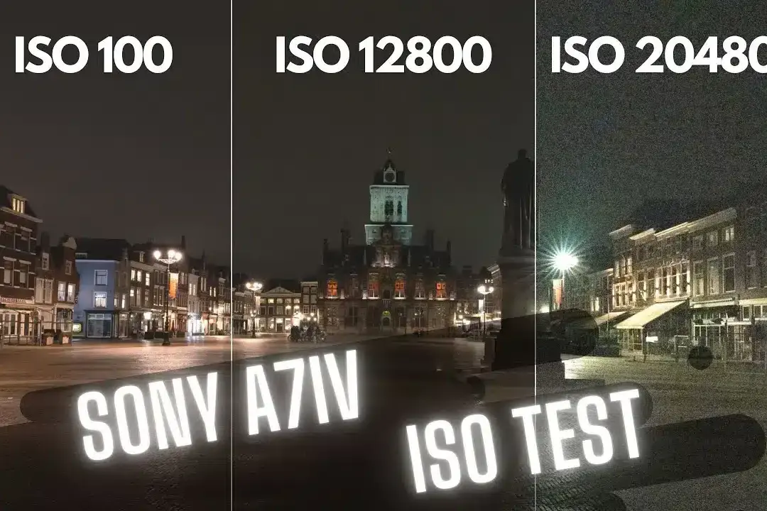Drie-panelen ISO-test van Europees stadsplein bij nacht met ISO 100, 12800 en 204800 (Sony A7IV).