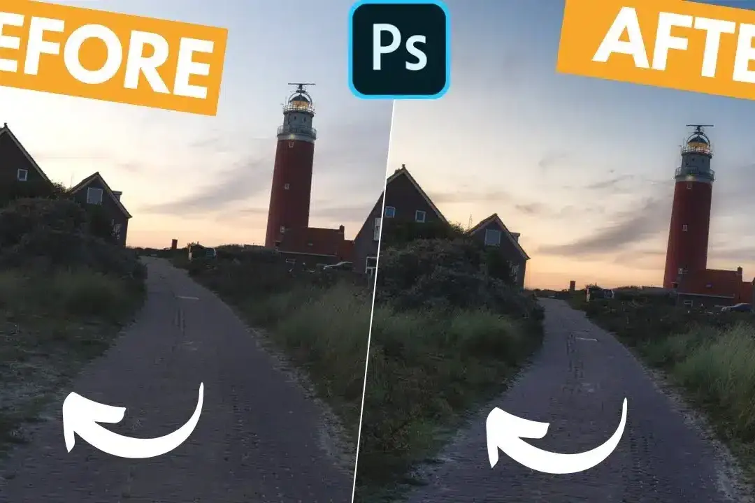 Voor-en-na afbeelding: kustduinen, pad naar vuurtoren, huizen aan horizon, hoger contrast.