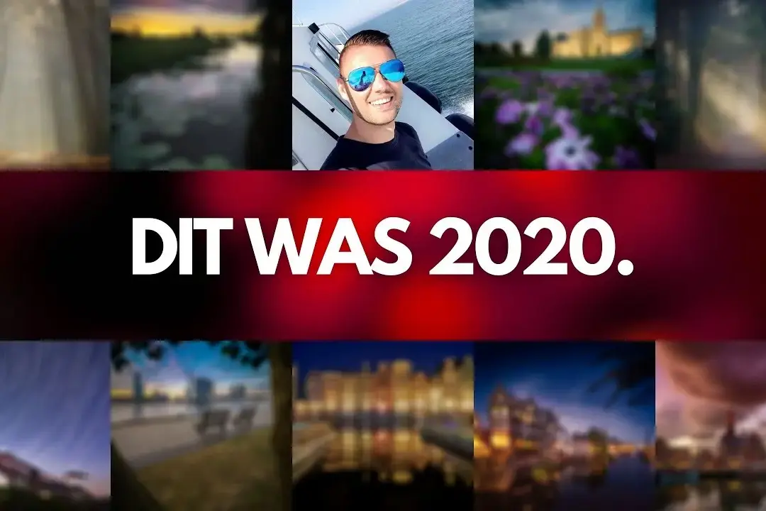 Retrospectieve collage 2020 met centrale DIT WAS 2020 tekst en wazige herinneringsbeelden.