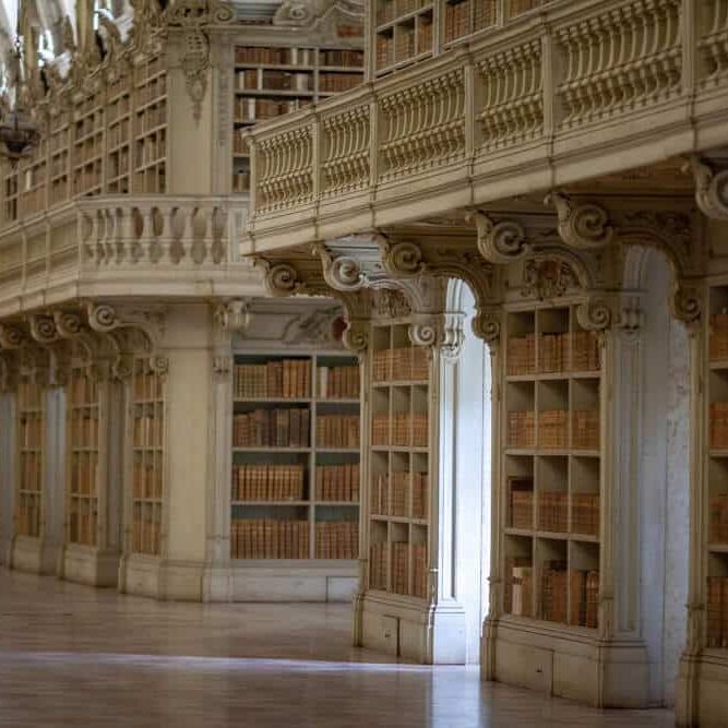 Barokke bibliotheekgang met glazen deuren, leren ruggen en marmeren vloer onder een elegant balkon.