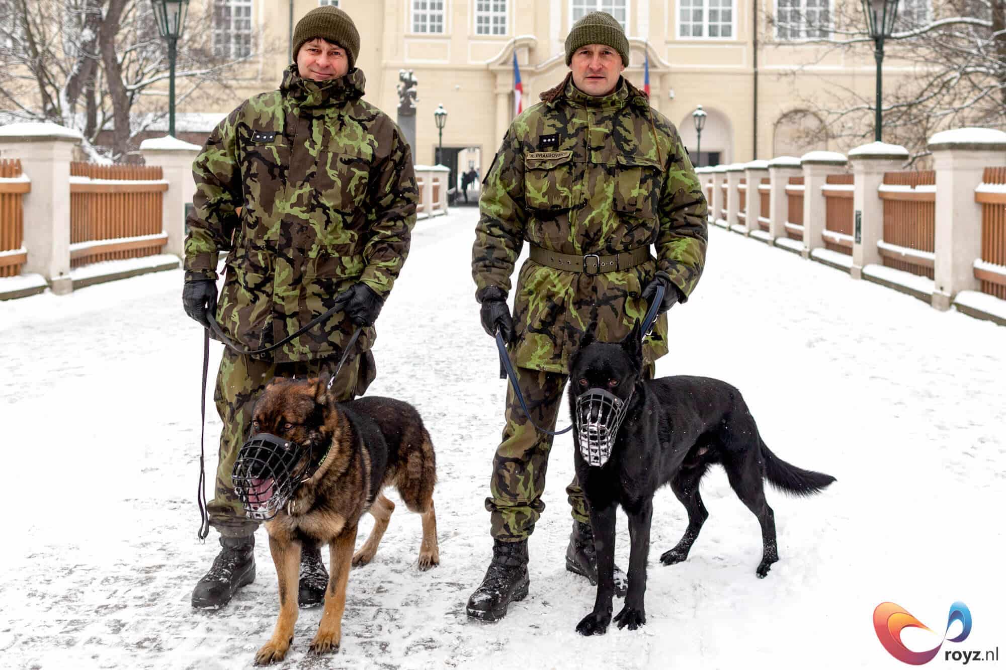 Praagse soldaten patrouilleren met honden in sneeuw voor overheidsgebouw